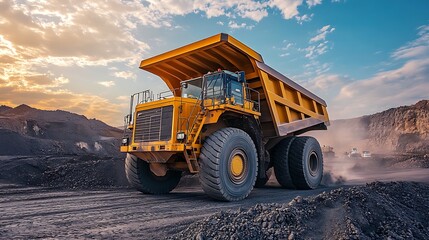 Obraz premium Powerful dump truck unloading gravel at industrial site with space for branding or text