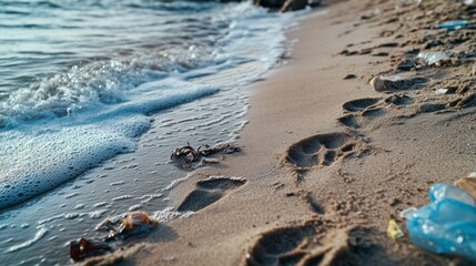 A beach with a body of water and a few plastic bottles on the sand