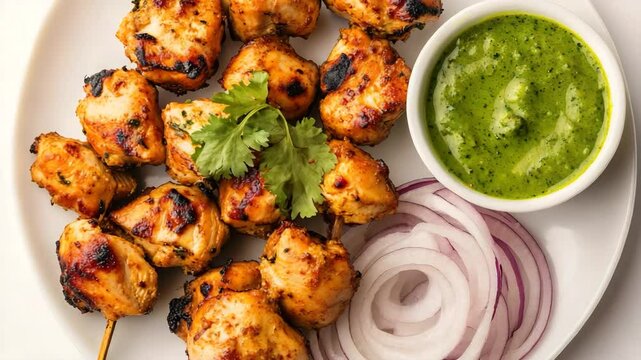 Tandoori chicken tikka with mint sauce cinematic close up, 4k video