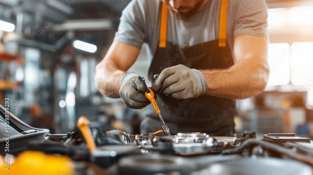 Poster mechanic repairs automobile engine using tools inside a well-equipped workshop during daylight hours