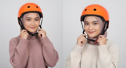 Young Woman Wearing Orange Safety Helmet in Casual Sweater Smiling Confidently Indoor