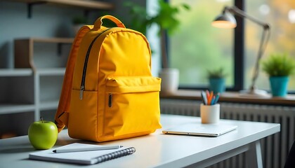 Yellow backpack, School supplies, Yellow stationery - scissors, pens, sharpeners, notebook, back to school concept, created with generative ai