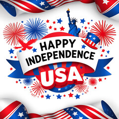Obraz premium Patriotic Independence Day Illustration with Ribbon Banner Fireworks and USA Symbols