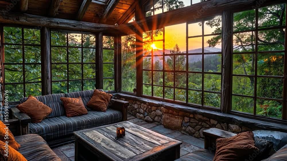 Poster Sunset view from a rustic sunroom with comfortable seating.