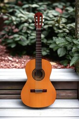 Acoustic guitar resting on a wooden step