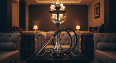 Elegant hookah lounge with luxurious decor and ambient lighting