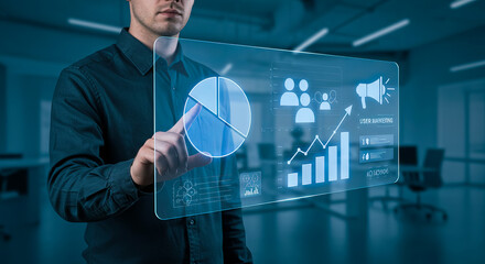 Man interacting with transparent display showing data visualizations