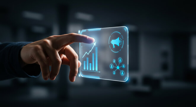 Hand interacting with a transparent digital interface displaying charts, a megaphone, and a network icon