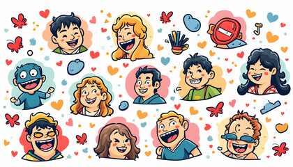 Laughing People Illustrations with Hearts and Butterflies