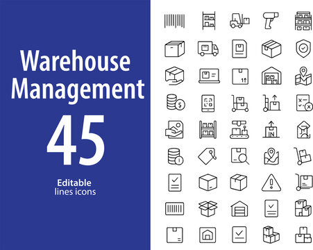 Warehouse Management Line Icons, Inventory, Barcode, Forklift, Packaging, Delivery, Logistics, and More , Editable Formats: AI, EPS, JPG, PNG , Ideal for Both Digital and Print Use