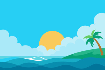 Fototapeta premium Tropical vector illustration of a summer beach landscape with palm trees, ocean waves, and an island under a sunny sky with clouds