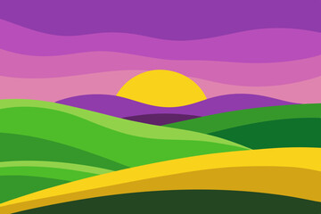 Obraz premium Vector illustration of a vibrant summer landscape with green hills, a clear sky, and a winding road through the field