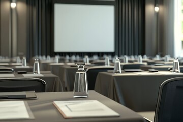 A large empty room with a projector screen and tables with glasses on them