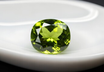 Green peridot gemstone displayed on white ceramic plate  