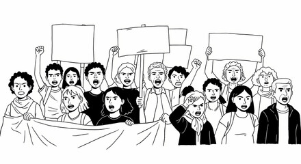 Hand Drawn Black and White Doodle Illustration of People Protesting – Crowd Holding Protest Signs, Banners, Raised Fists, Activism, Social Justice, Political Demonstration, Human Rights, and Community