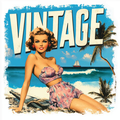 vintage cartoon illustration of beautiful woman on beach, retro style