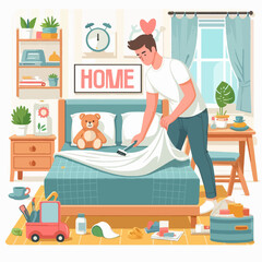 Man making bed in bedroom with teddy bear and other furniture.