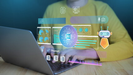 user interacts with an AI-powered dashboard on a laptop, illustrating how artificial intelligence supports data analysis, research, project planning, and task generation.