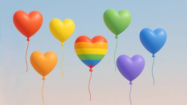Seven heart-shaped balloons gently float against a serene sky &mdash; each in the colors of the rainbow, with the central balloon wrapped in the full Pride flag.