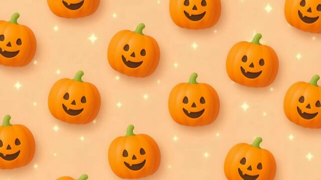 Looping animation of a seamless Halloween pattern featuring smiling jack-o'-lantern pumpkins on a soft orange background with sparkling stars.