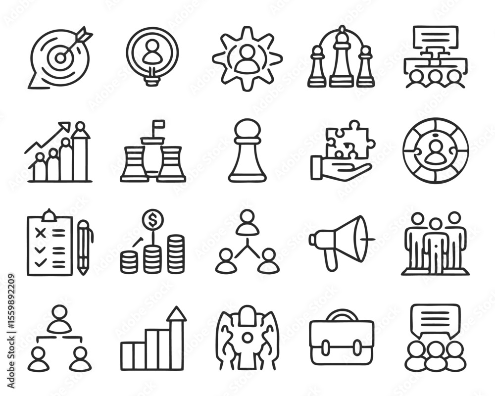 Poster comprehensive set of thin line icons representing corporate strategy planning business operations an