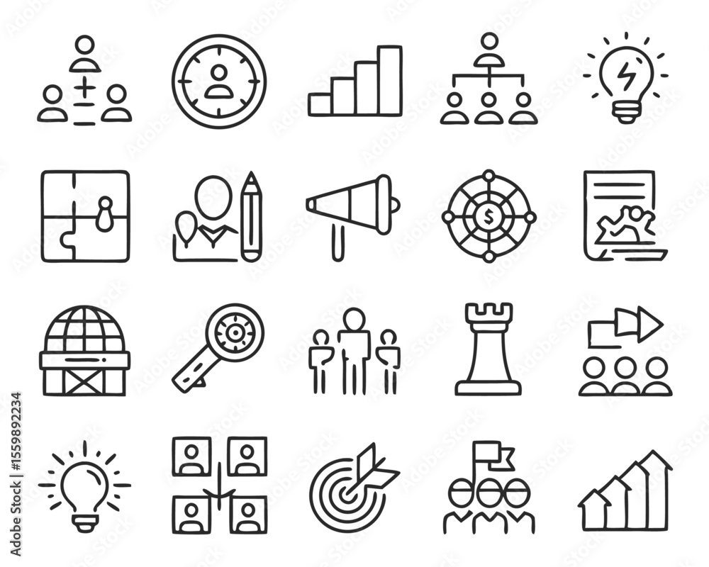 Aufkleber a comprehensive collection of thin line icons representing key aspects of corporate strategy plannin