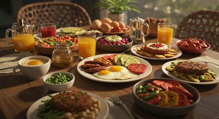 A table laden with a variety of breakfast dishes including eggs, sausages, and fresh vegetables