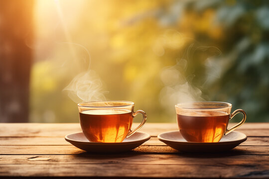 Two steaming cups of tea on a wooden table with a blurred nature background
