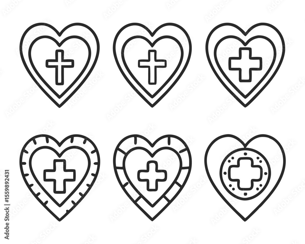 Poster a stylized heart emblem featuring a prominent cross symbol centrally placed presented as a versatile