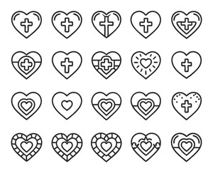Stylized heart symbol featuring an inner cross design in multiple color variations for graphic projects