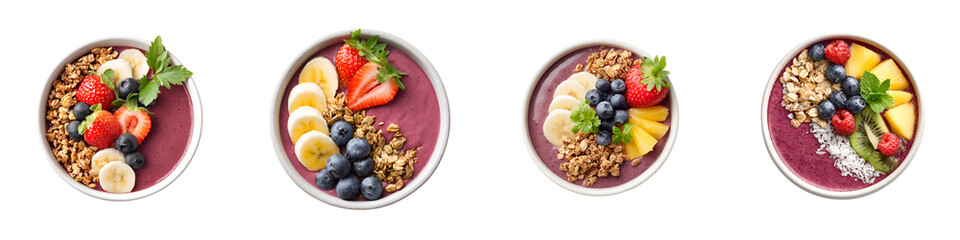 Assorted Acai Bowls with Fruit and Granola on White