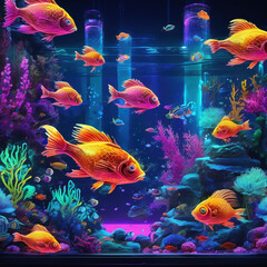 Retro-Futuristic Neon Aquarium in Ink Wash Style
