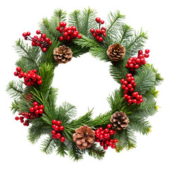 Christmas Wreath with Pine and Berries on White Background