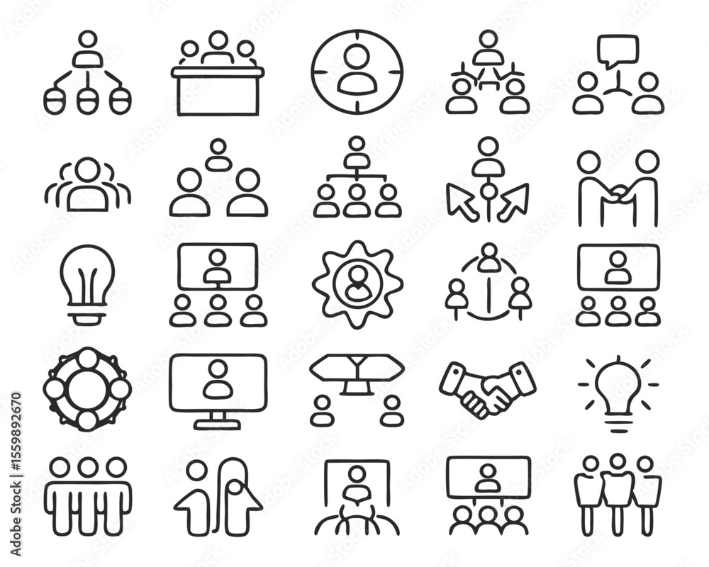 Poster a comprehensive collection of thin line icons representing teamwork and collaborative business activ