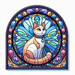A beautiful stained glass window featuring a cute cat with blue eyes and a decorative collar, set against a vibrant blue and teal background with floral motifs.