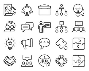 Fototapeta premium Comprehensive collection of thin line symbols representing teamwork communication and collaborative business activities for digital platforms and presentations