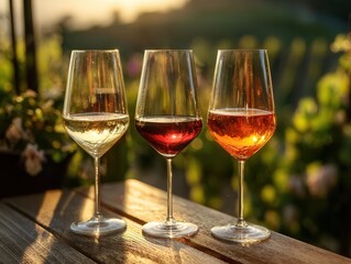 Naklejka premium white, red and rose wine against the backdrop of vineyards