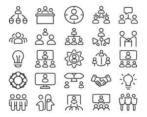 A comprehensive collection of thin line icons representing teamwork and collaborative business activities suitable for digital platforms and presentations