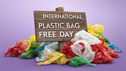 Wooden board reads “Plastic Bag Free Day” beside colorful plastic bags.