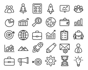 A comprehensive collection of modern business and corporate thin line graphics for professional branding and digital applications