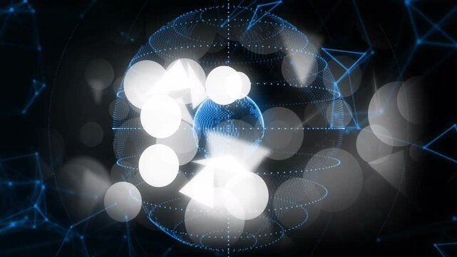 Digital field appearing, starting globe rotating, sphere pulsing and shapes orbiting showing links
