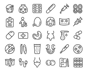 Comprehensive collection of thin line symbols representing prenatal care and fertility concepts suitable for medical and wellness applications