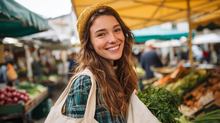 Young woman holding cloth smiling at market feels cheerful
