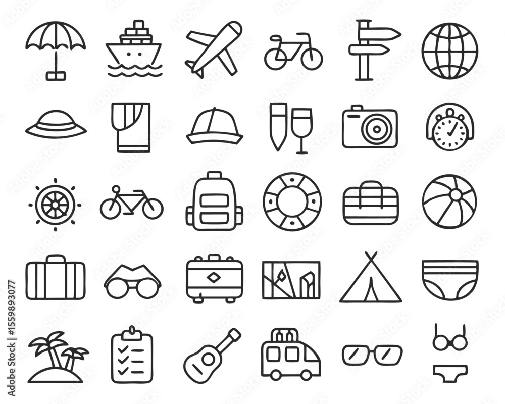 Poster comprehensive collection of thin line travel and tourism symbols for easy customization and applicat