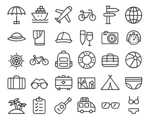 Comprehensive collection of thin line travel and tourism symbols for easy customization and application in various projects