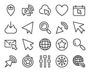 A comprehensive collection of minimalist icons representing web internet connectivity and navigation elements for digital interfaces and applications