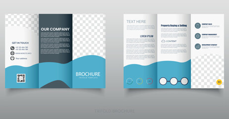 Modern blue corporate trifold brochure template with editable placeholders for business, marketing, and company presentation purposes. Clean layout with icons, contact info, and service highlights.