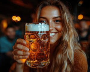 Smiling woman holding a beer mug