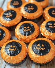 Halloween treats, round candies wrapped in orange foil with black jack-o'-lantern faces