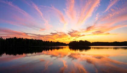 Fototapeta premium A vibrant sunset with pink and orange clouds reflects on a calm lake surrounded by dense forest trees.